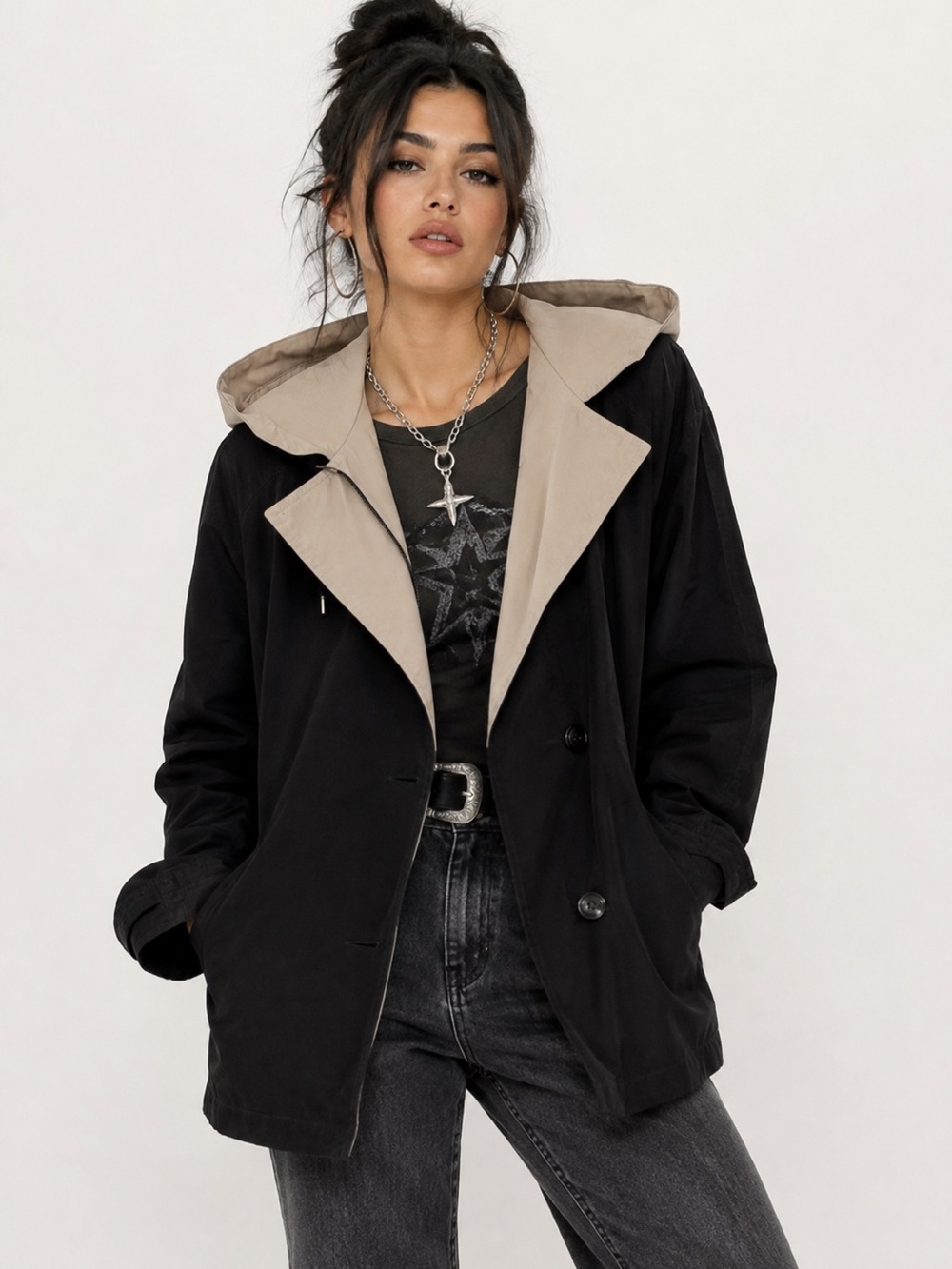CS Signature Hooded Double Breasted Coat | Black & Tan | Size Medium